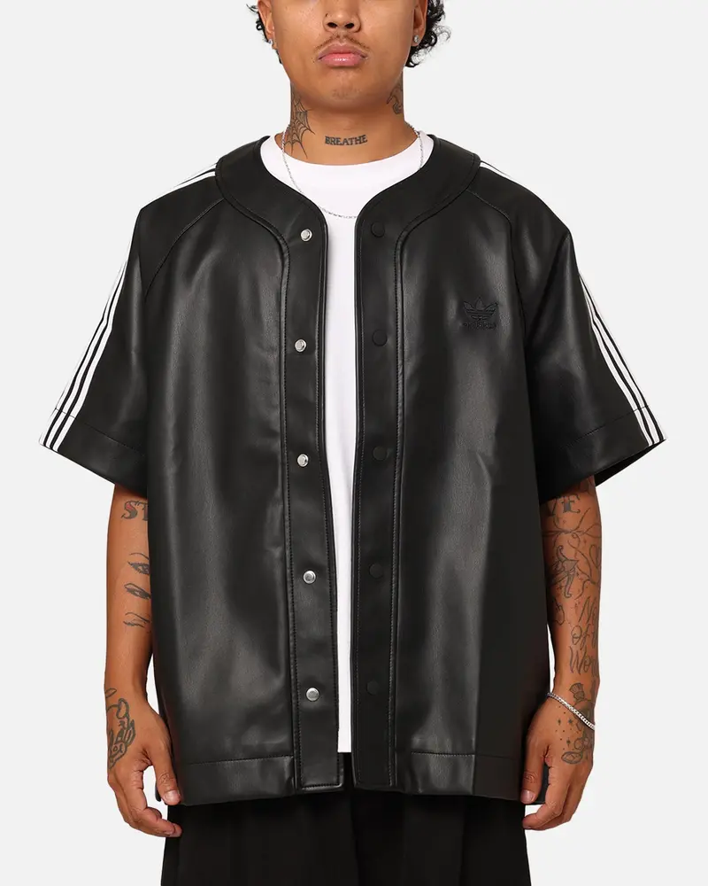Adidas Faux Leather Adicolour 3-Stripes Baseball T-Shirt Black 1