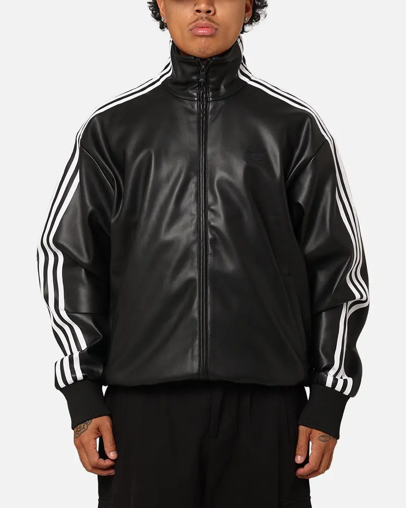 Adidas Faux Leather Adicolour 3-Stripes Loose Firebird Tracksuit Jacket Black 1