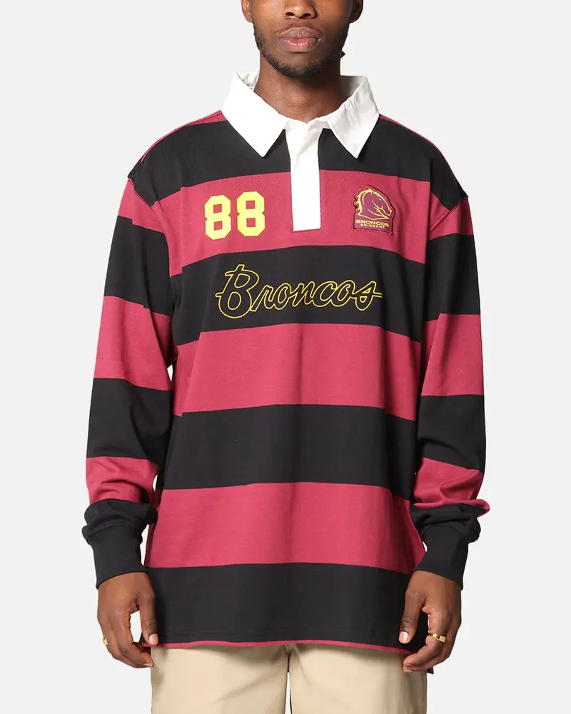 Bleacher Athletic Brisbane Broncos Nrl Stripe Rugby Polo Shirt Official Team Colour 1