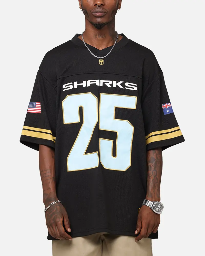 Bleacher Athletic Cronulla Sutherland Sharks Nrl 2025 Las Vegas Round Grid Iron T-Shirt Official Team Colour 1