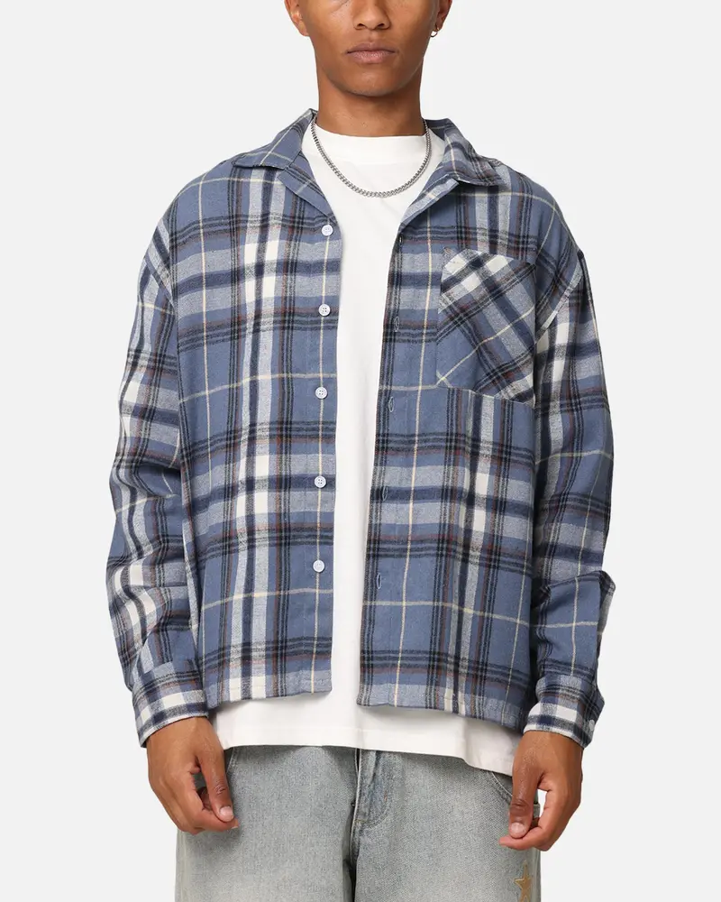 Carre Check Oversized Long Sleeve Button Up Shirt Blue-Plaid 1