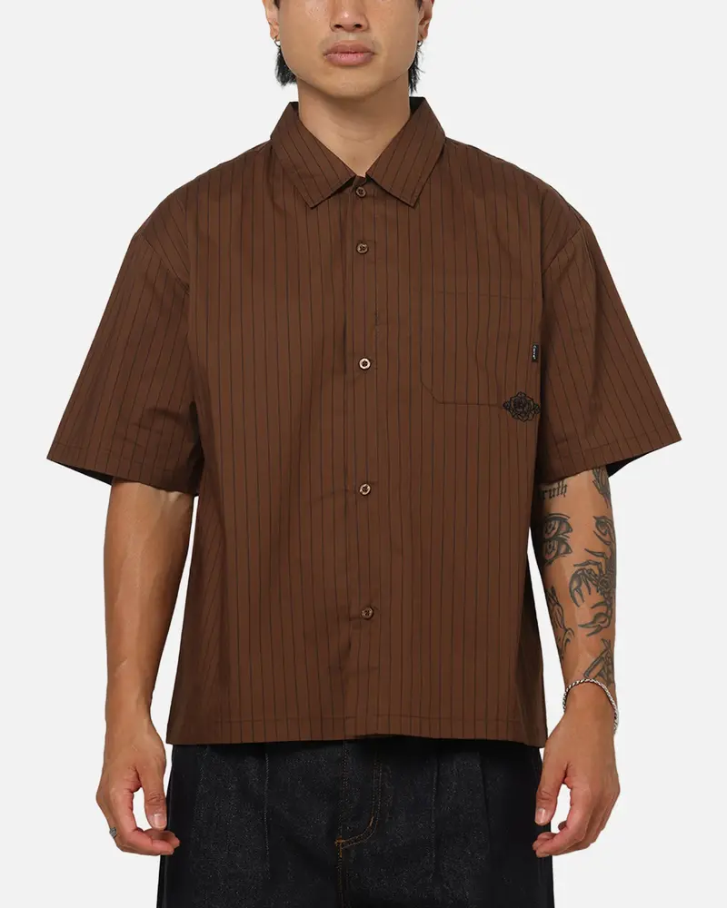 Carre Signature Rose Button Up Shirt Brown Pinstripe 1