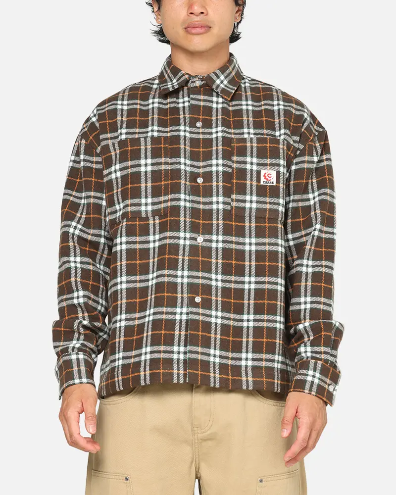 Carre Workwear Long Sleeve Button Up Shirt Brown-Plaid 1
