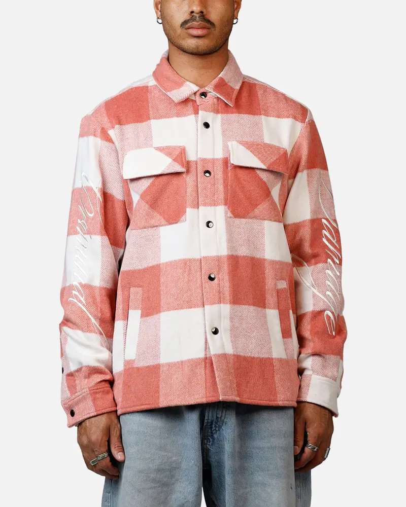 Criminal Damage Embroidered Flannel Shirt Pink 1