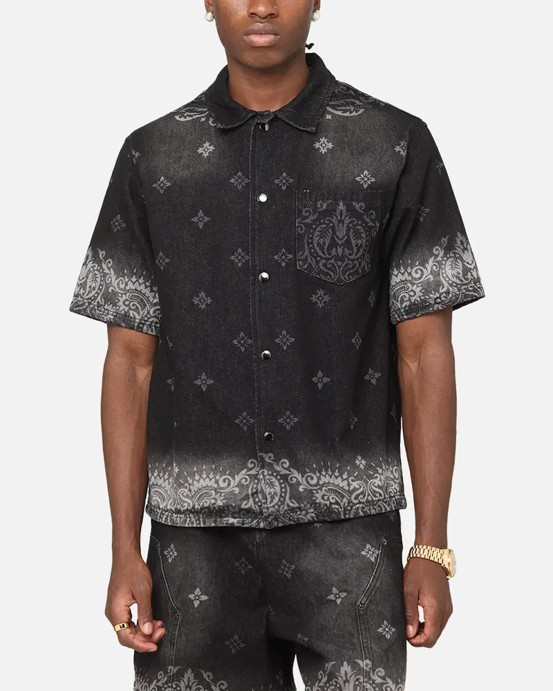 Criminal Damage Laser Print Denim Button Up Shirt Washed Black 1