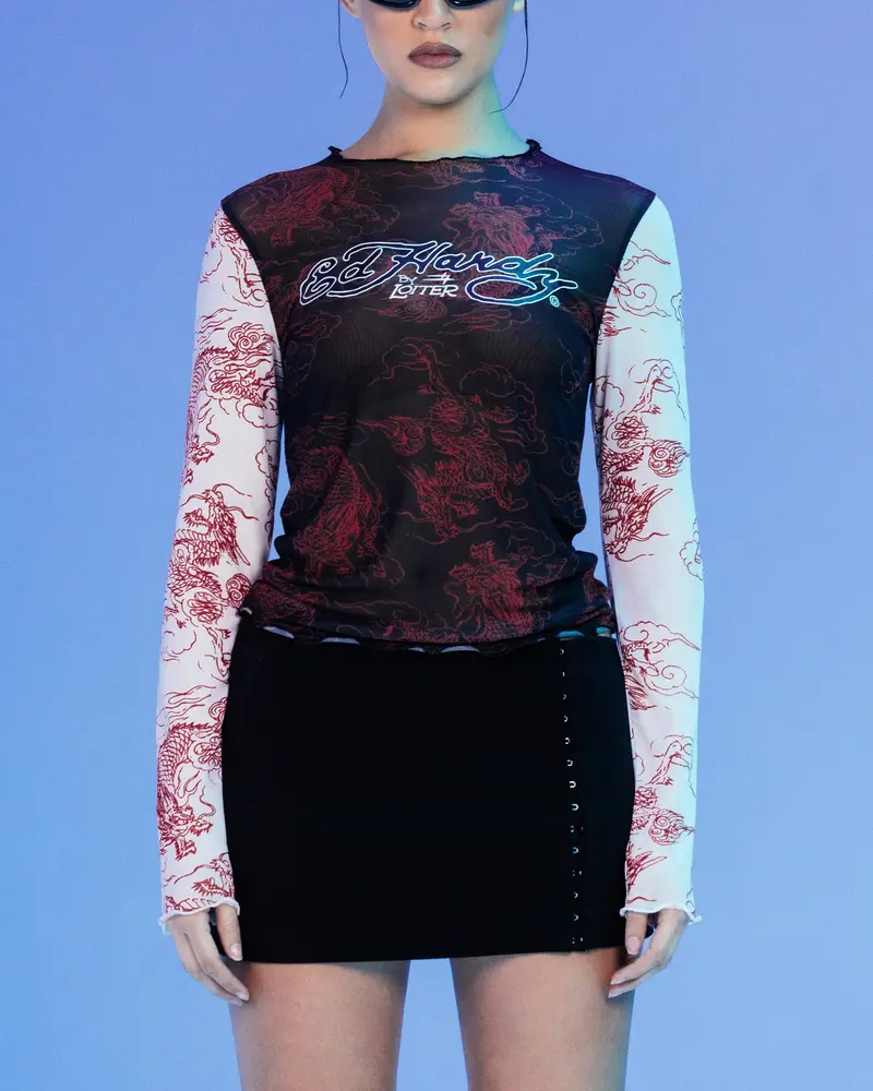 Ed Hardy By Loiter Women's Mesh Long Sleeve Top Black/White 1