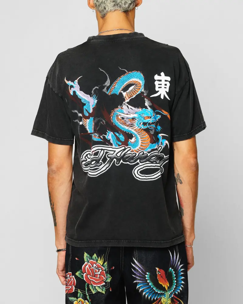 Ed Hardy Dragon Chest T-Shirt Black Acidwash 1