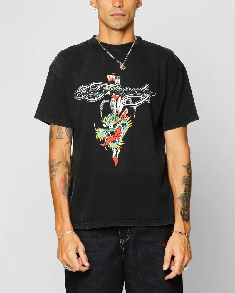 Ed Hardy Dragon Logo T-Shirt Black Acidwash 1