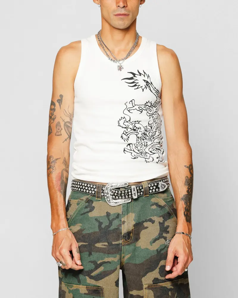 Ed Hardy Dragon Ribbed Muscle Singlet Off White 1