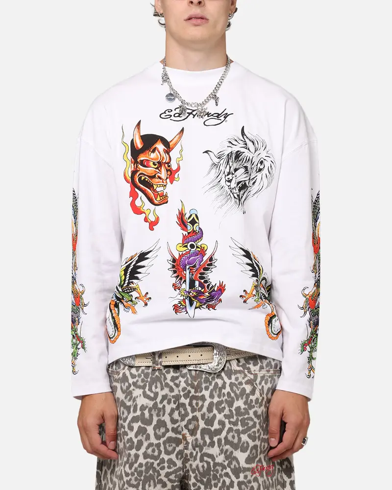 Ed Hardy Ed's Tattooing Long Sleeve T-Shirt Off White 1