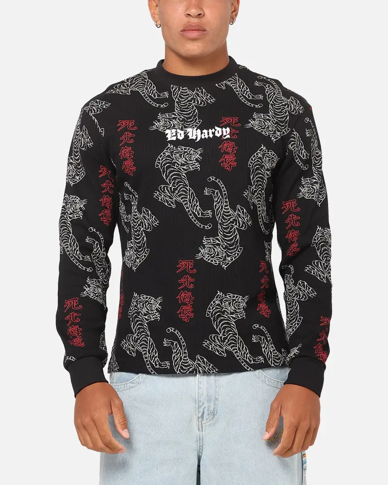 Ed Hardy Tiger Waffle Long Sleeve T-Shirt Black 1