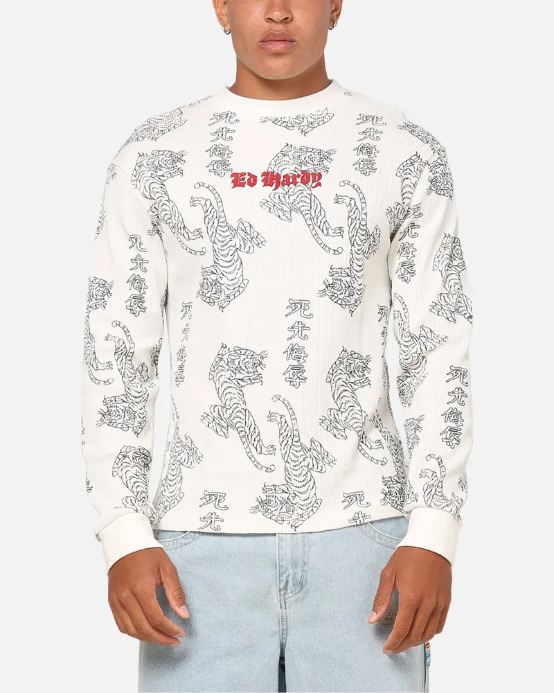 Ed Hardy Tiger Waffle Long Sleeve T-Shirt Off White 1