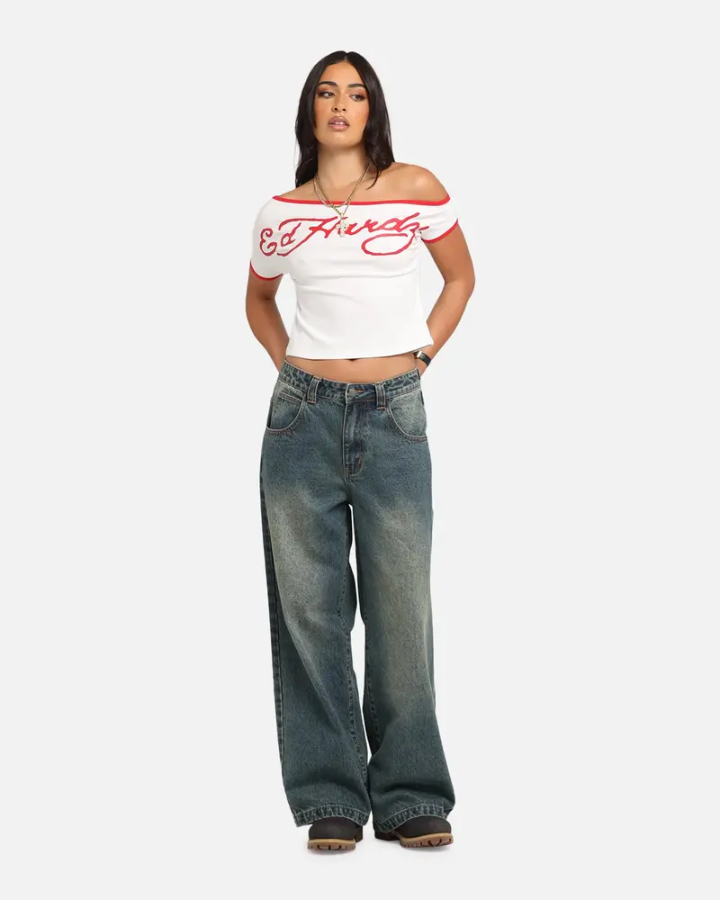 Ed Hardy Women's Aline Baby T-Shirt Off White/Red 2