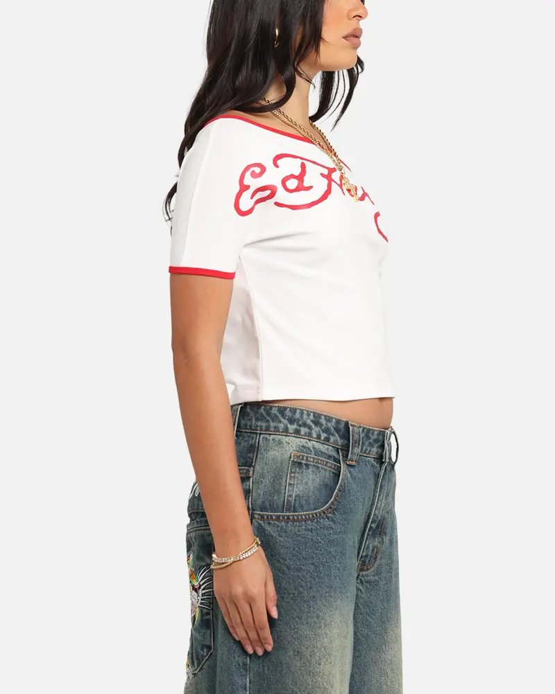 Ed Hardy Women's Aline Baby T-Shirt Off White/Red 4