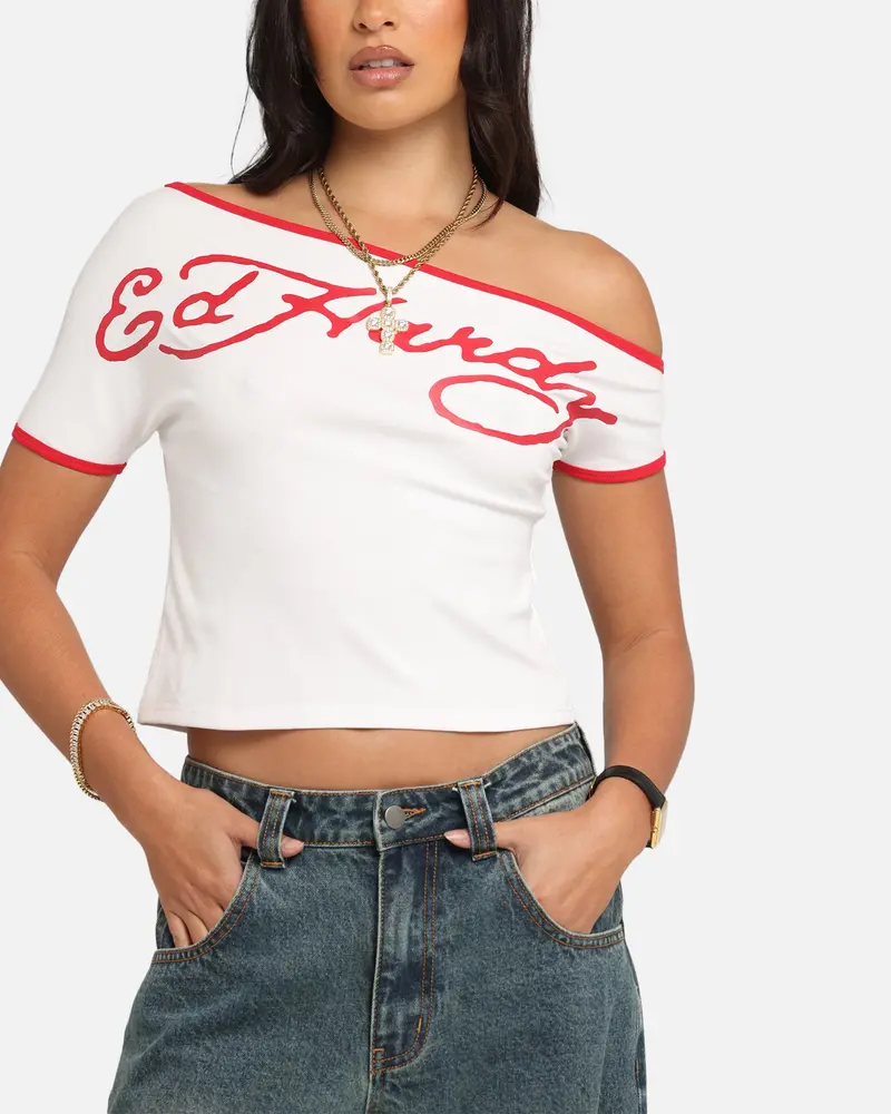 Ed Hardy Women's Aline Baby T-Shirt Off White/Red 6