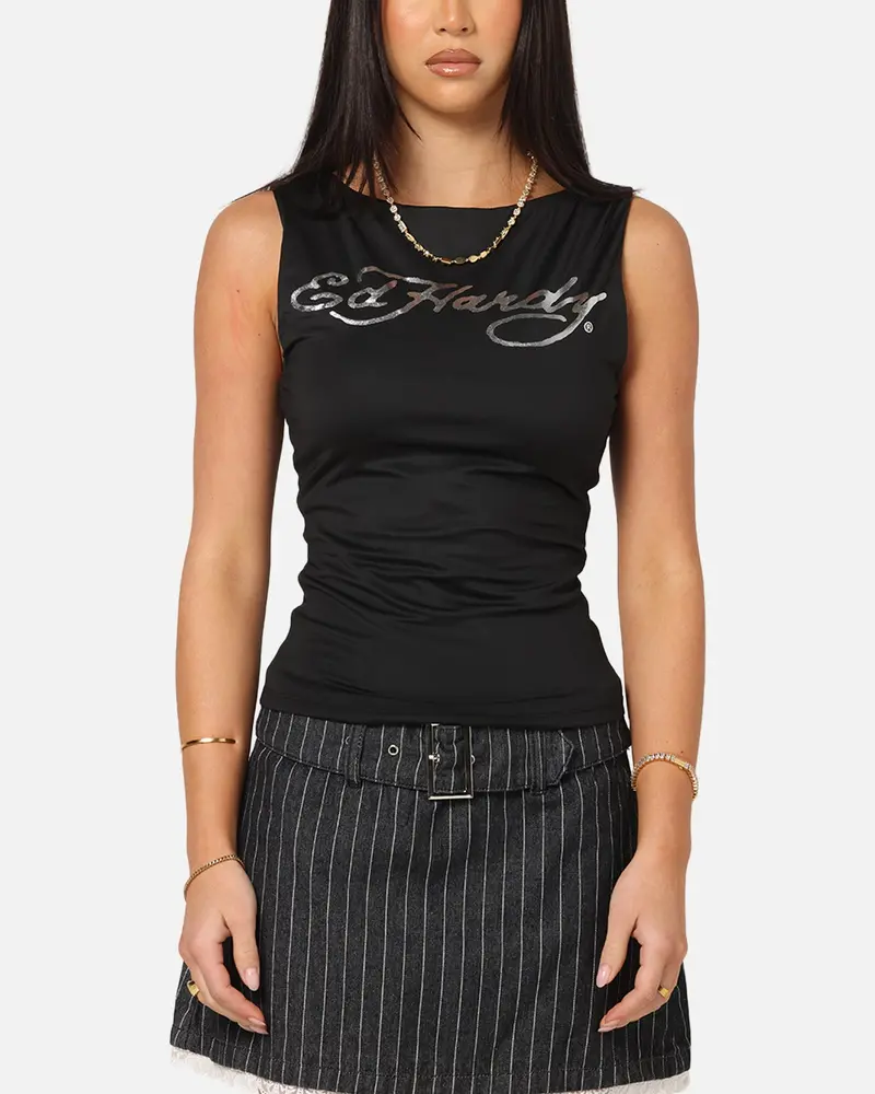 Ed Hardy Women's Chrome Boatneck Tank Black 1
