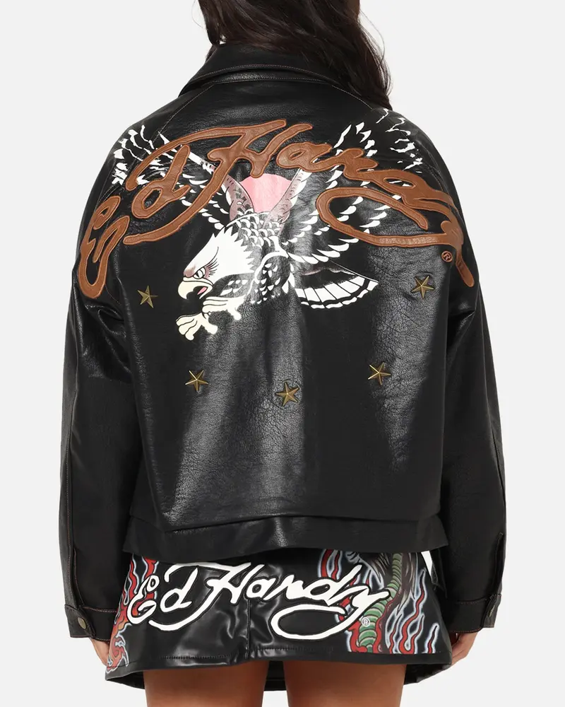 Ed Hardy Women's Vegan Leather Bomber Jacket Black 1