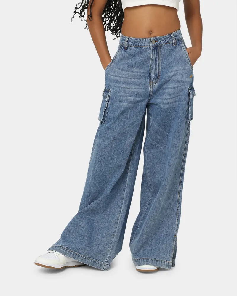 En Es Women's Thrashed Wide Leg Jeans Mid Blue 1