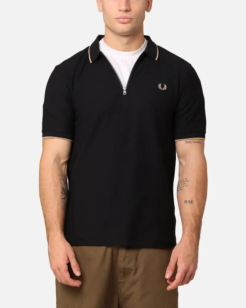Fred Perry Crepe Pique Zip Neck Polo Shirt Black 1