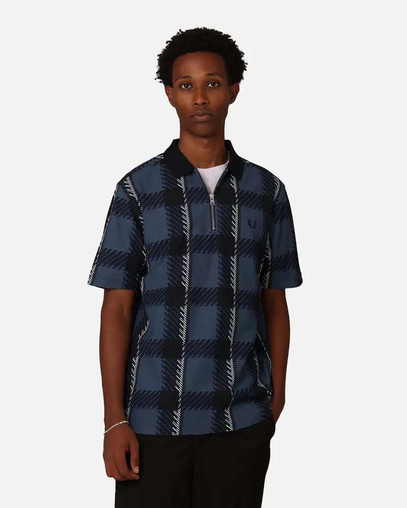 Fred Perry Glitch Tartan Zip Neck Polo Shirt Midnight Blue 1