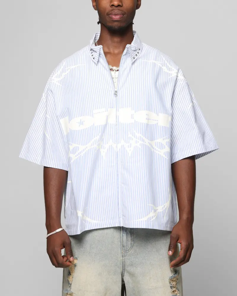 Loiter Cyber Zip Up Short Sleeve Shirt Blue Pin Stripe 1