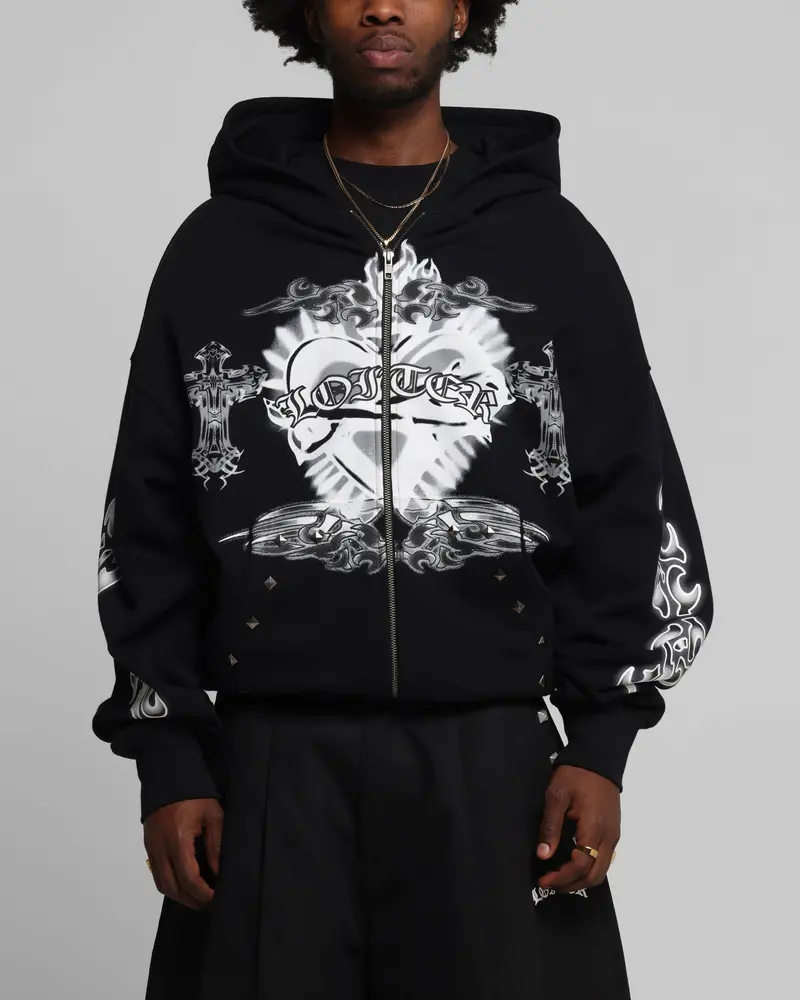 Loiter Hearts Zip Hoodie Black 1