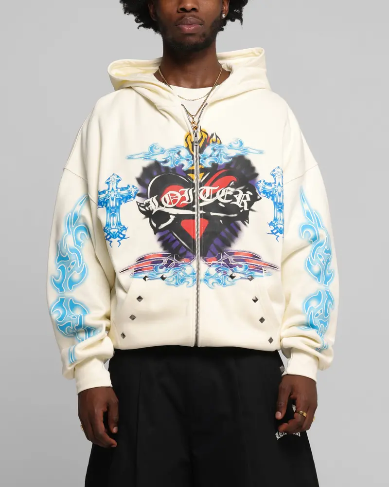 Loiter Hearts Zip Hoodie Off White 1