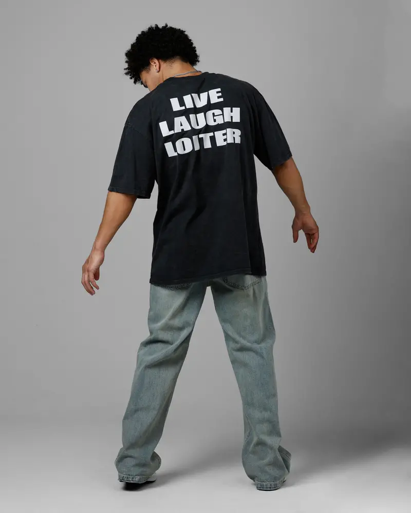 Loiter Live Laugh Love Drop T-Shirt Black Acidwash 6