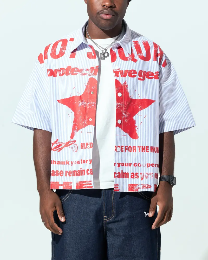 Loiter Riot Squad Button Up T-Shirt Blue Pin Stripe 1