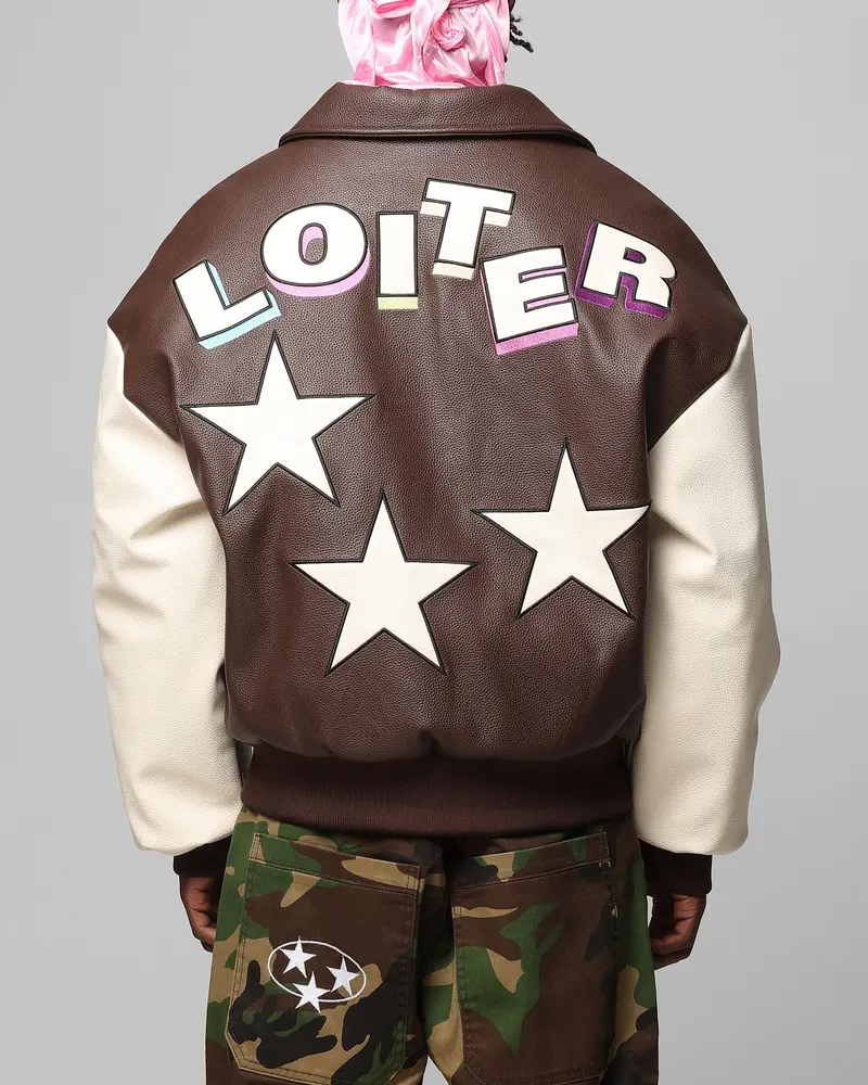 Loiter Solar Vegan Leather Varsity Jacket Brown/Beige 1