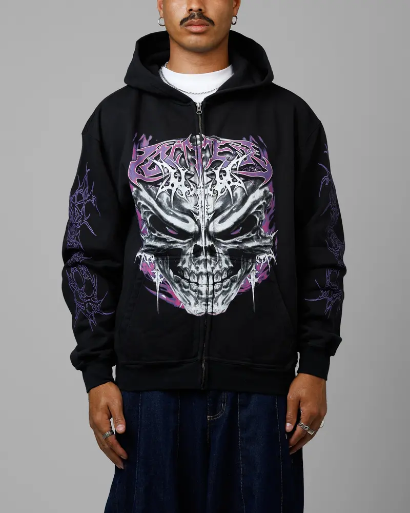 Loiter Tribal Skull Zip Up Hoodie Black 1