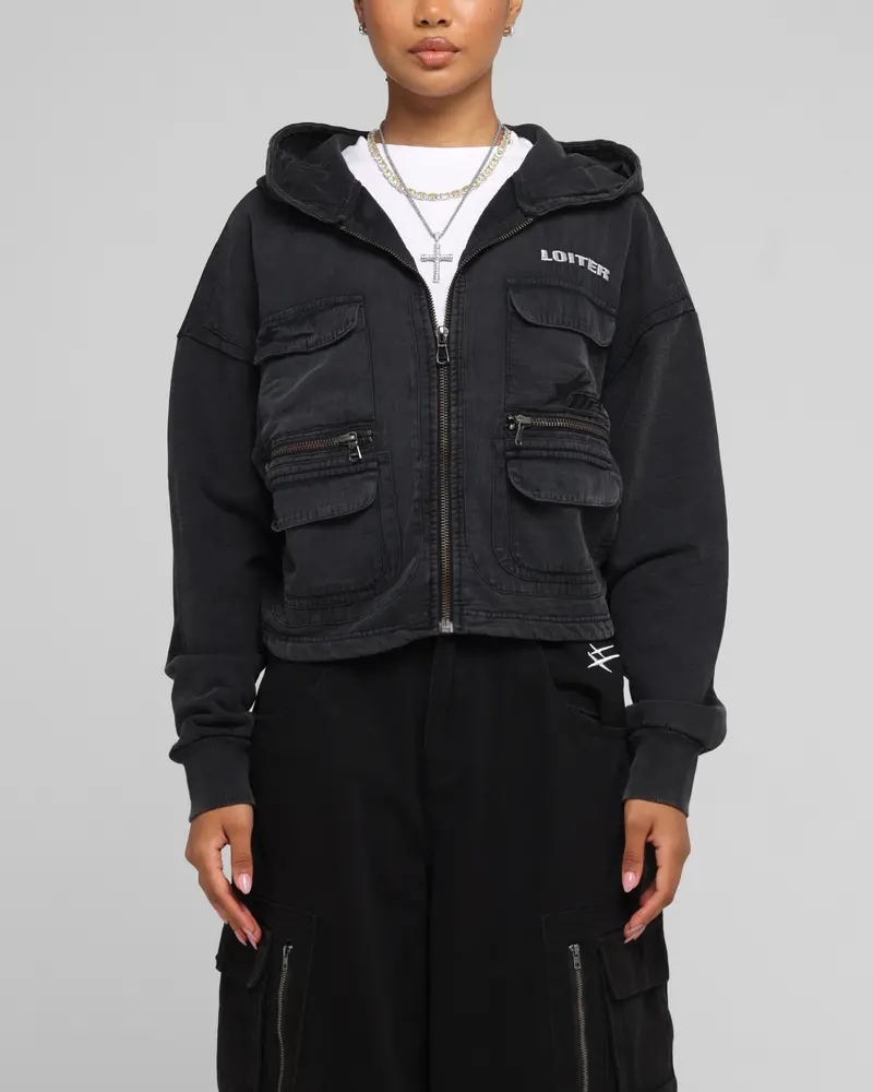 Loiter Women's Utility Cropped Hoodie Washed Black 1