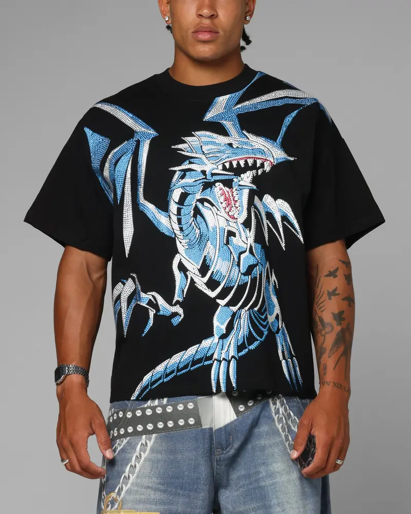 Loiter X Yu-Gi-Oh! Blue Eyes White Dragon Rhinestone T-Shirt Black 1