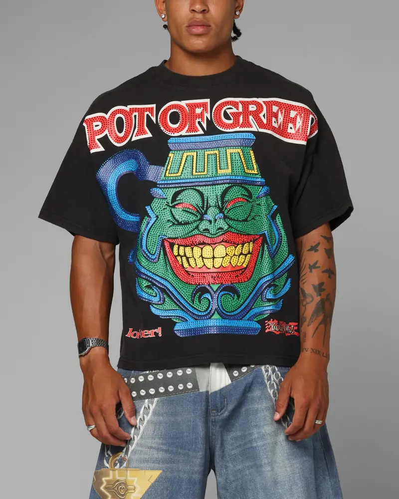 Loiter X Yu-Gi-Oh! Pot Of Greed Rhinestone T-Shirt Vintage Black 1