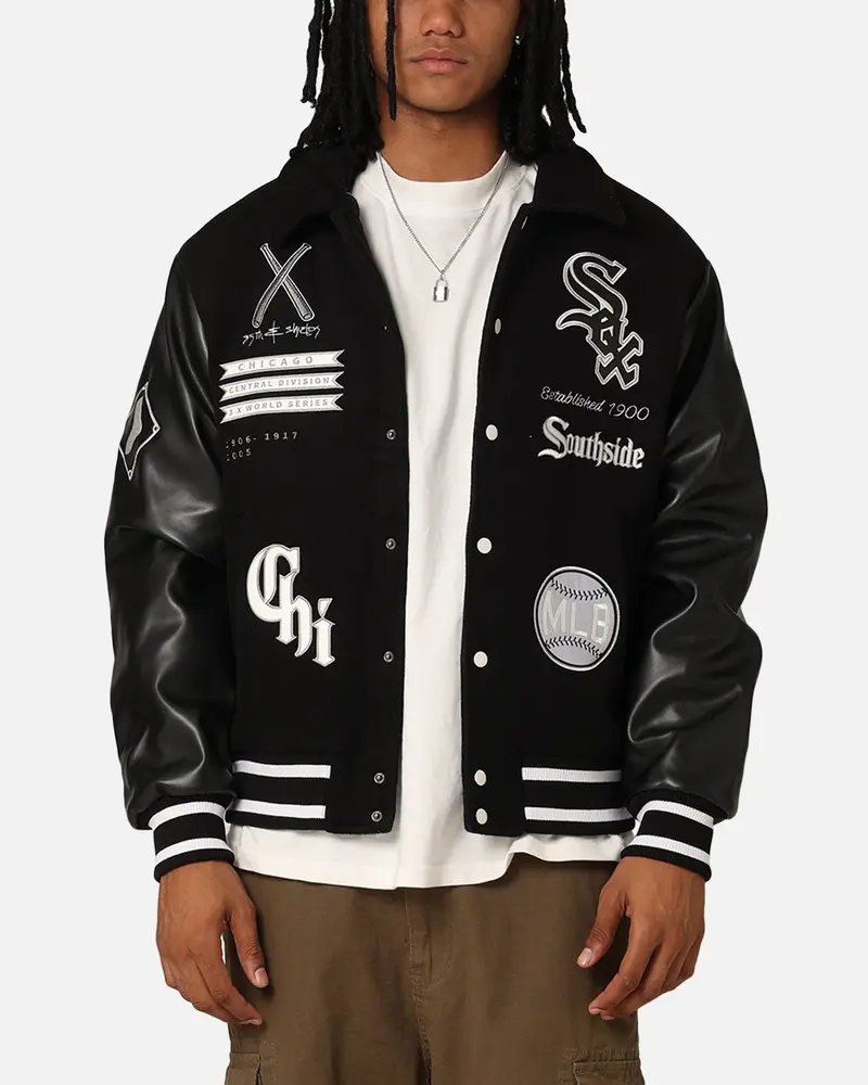 Majestic Athletic Chicago White Sox City Pu Melton Letterman Jacket Faded Black 1