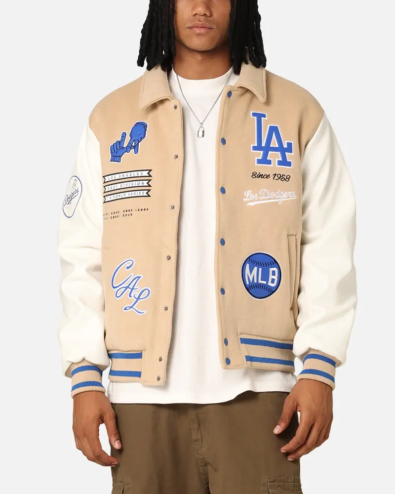 Majestic Athletic Los Angeles Dodgers City Pu Melton Letterman Jacket Oatmilk 1