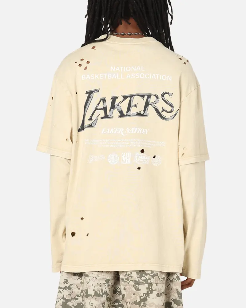 Mitchell & Ness Los Angeles Lakers Chromed Mock Long Sleeve T-Shirt Khaki 1