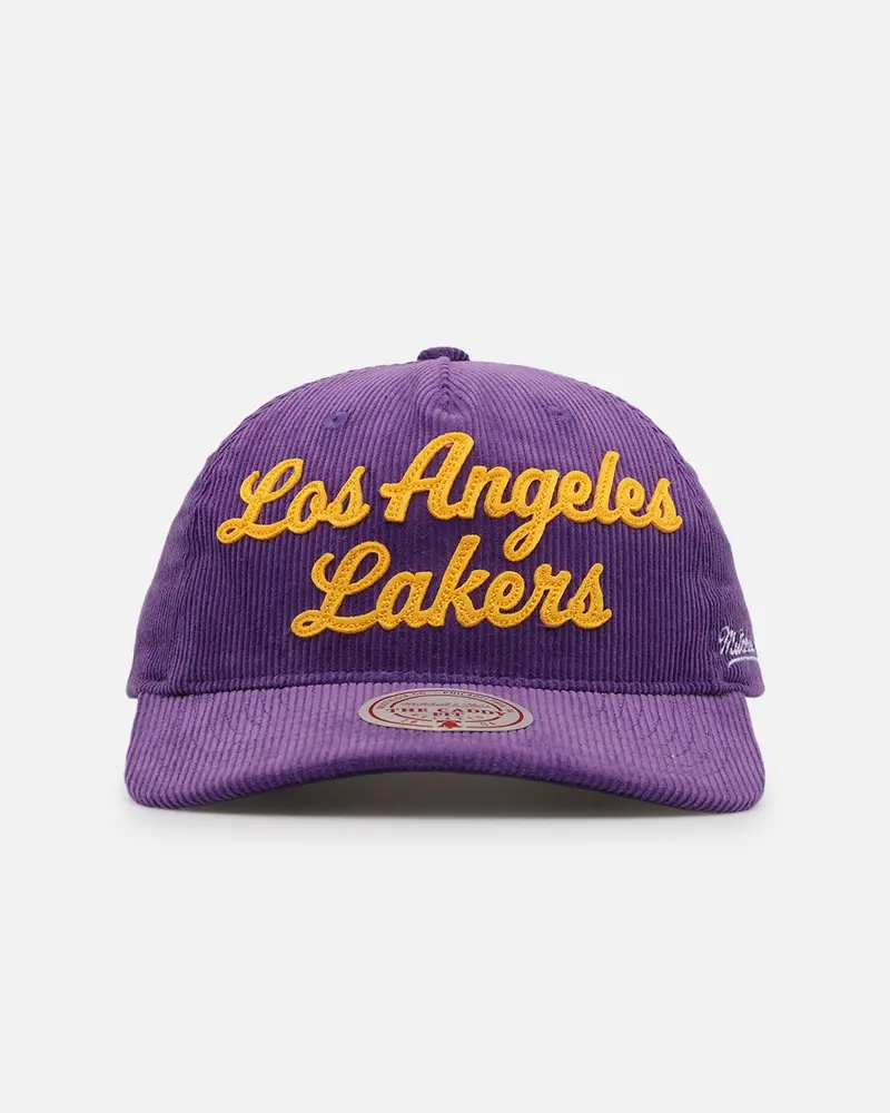 Mitchell & Ness Los Angeles Lakers Stack Script Corduroy Snapback Purple 1
