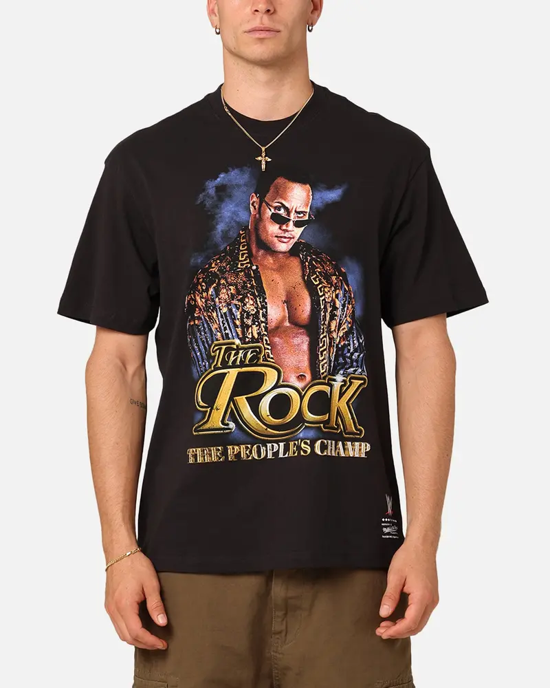 Mitchell & Ness X Wwe Dwayne "The Rock" Johnson The People's Champ T-Shirt Overdyed Black 1