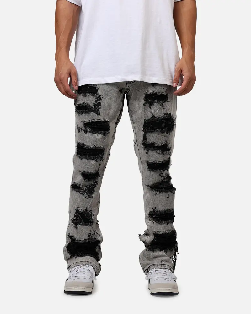 Mnml B668 Rock Distress Flare Denim Jeans Light Grey 1