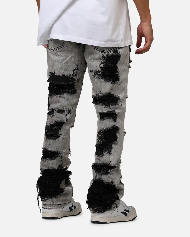 Mnml B668 Rock Distress Flare Denim Jeans Light Grey 3