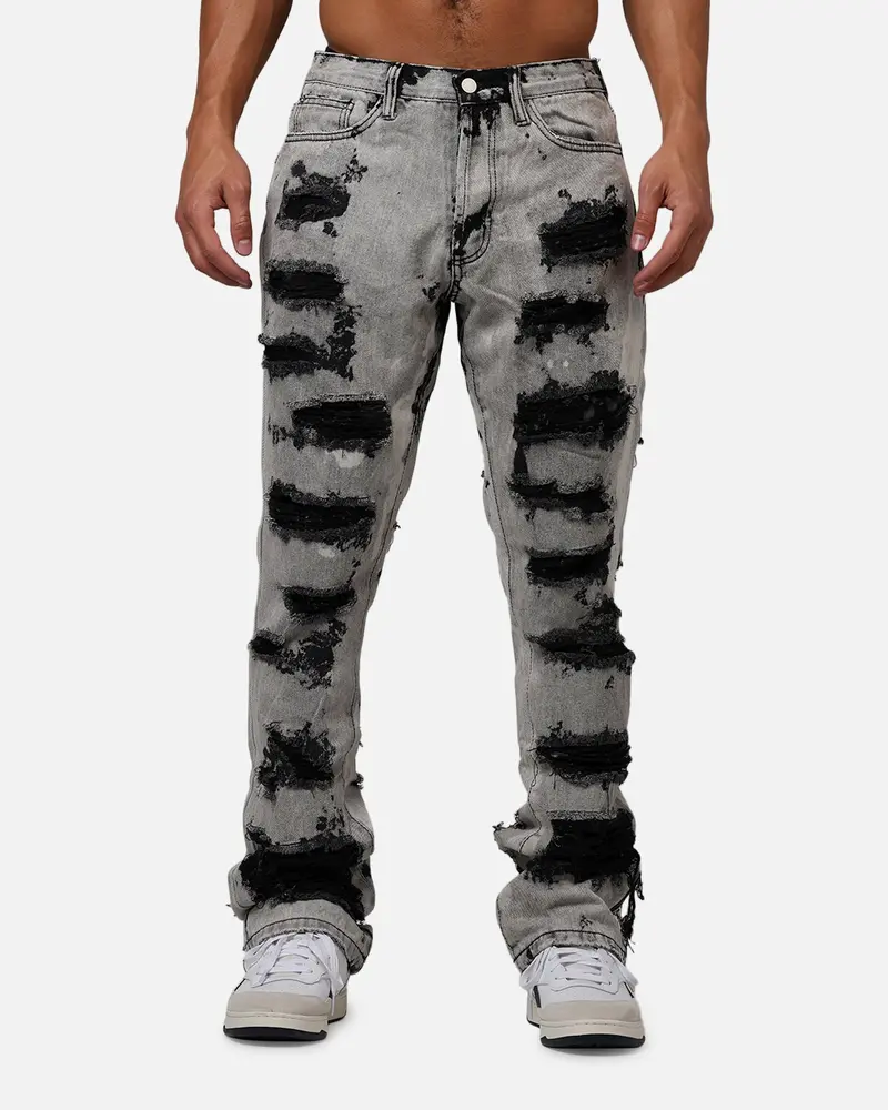 Mnml B668 Rock Distress Flare Denim Jeans Light Grey 6