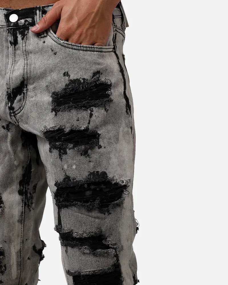 Mnml B668 Rock Distress Flare Denim Jeans Light Grey 7