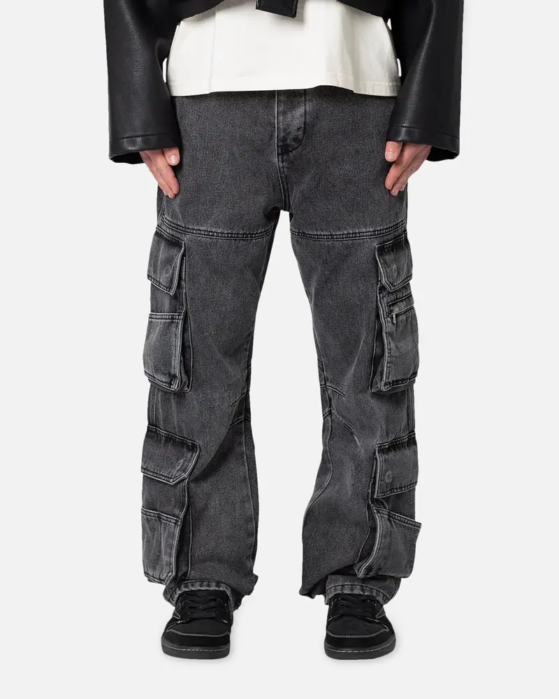 Mnml Baggy Rave Cargo Denim Jeans Washed Black 1