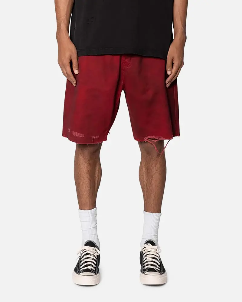 Mnml Burnt Distressed Denim Shorts Red 1