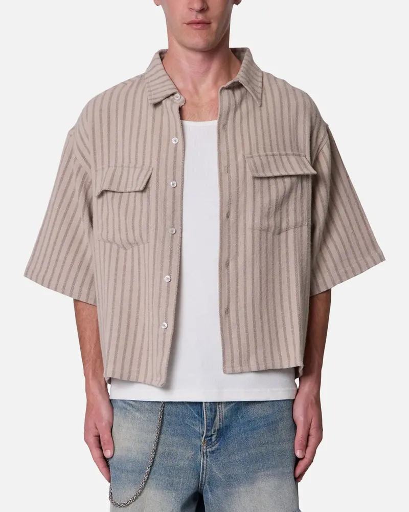 Mnml Cropped Boxy Stripe Button Up Shirt Khaki 1