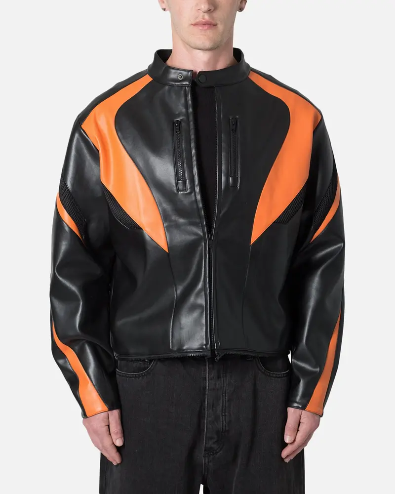 Mnml Cropped Leather Race Jacket Black/Orange 1