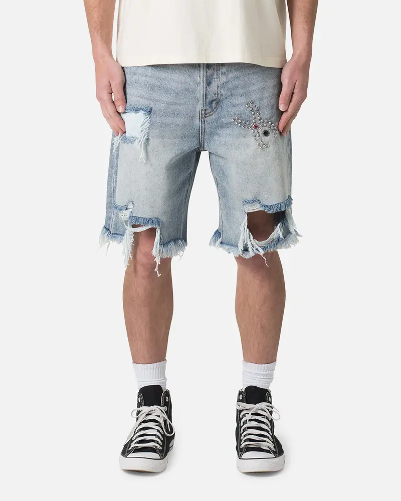 Mnml Distressed Spider Denim Shorts Light Blue 1
