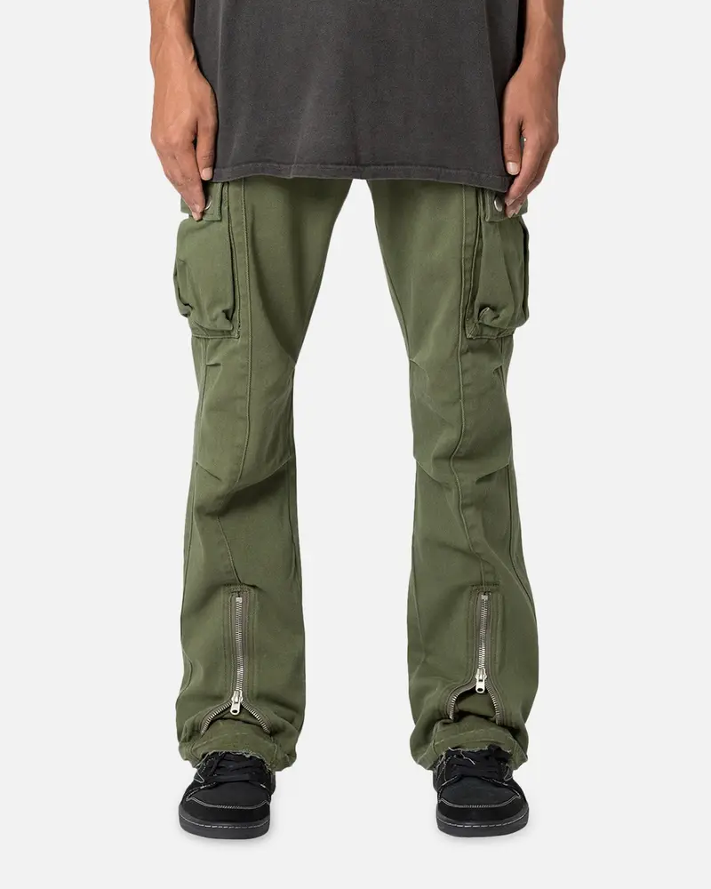 Mnml Front Zip Flare Cargo Pants Olive 1
