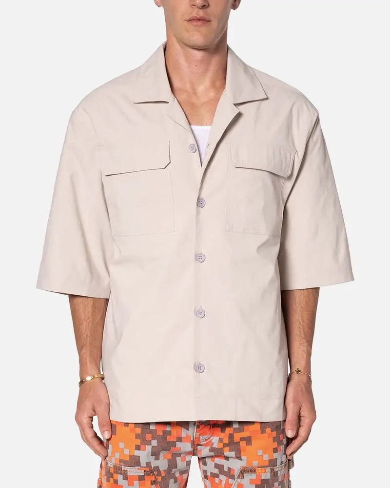 Mnml Lined Woven Nylon Button Up Shirt Stone 1